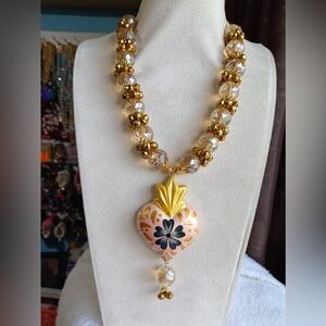 Gold and Cream Beaded Necklace with Heart Pendant